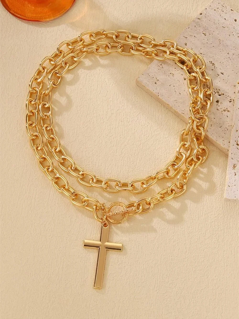 Chunky Gold Cross Necklace for Women Layered Necklace Retro Big Gold Cross Penda - Picture 3 of 6